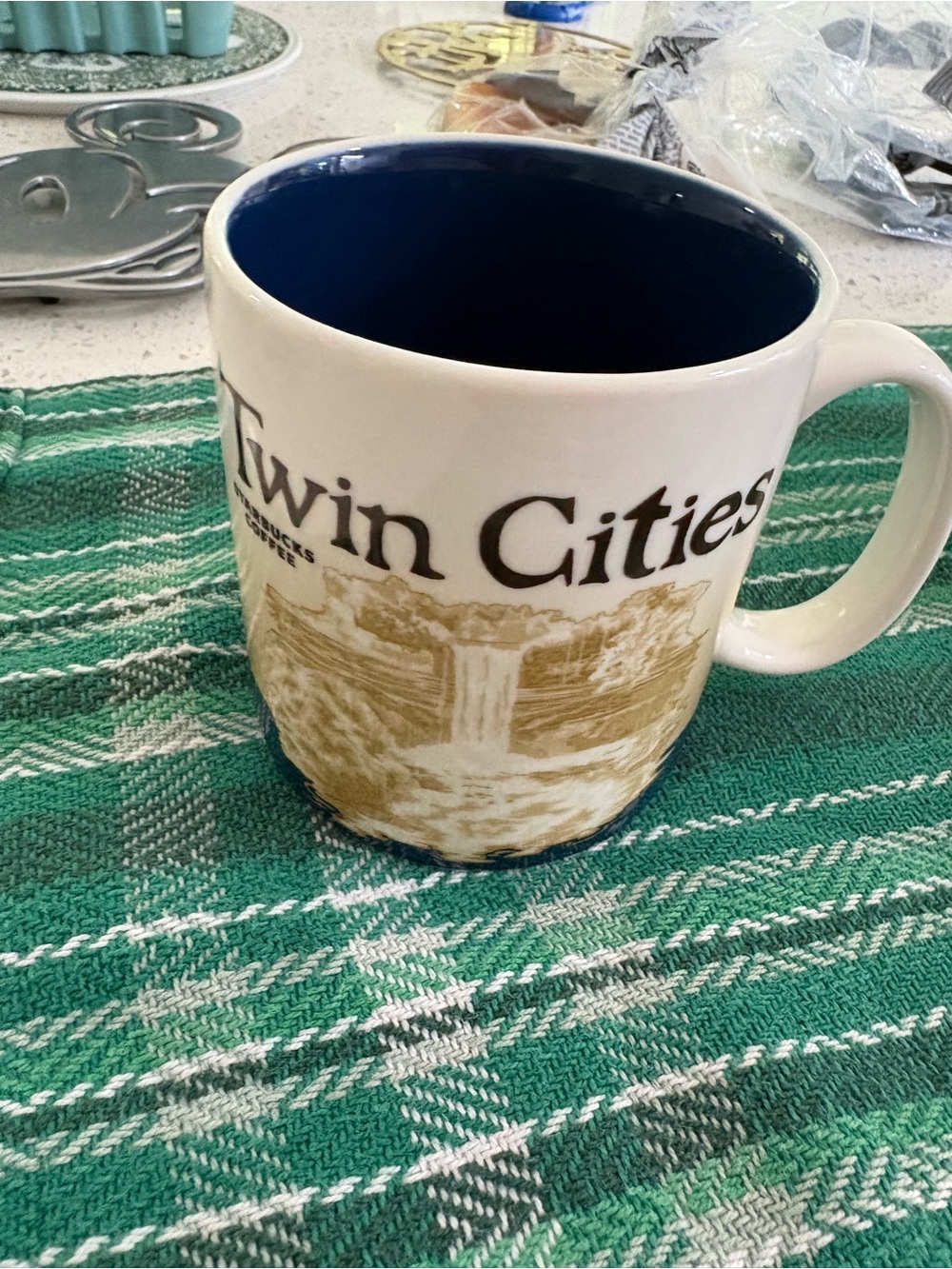 Starbucks Twin Cities Ceramic Mug – Cream Exterior with Blue Interior